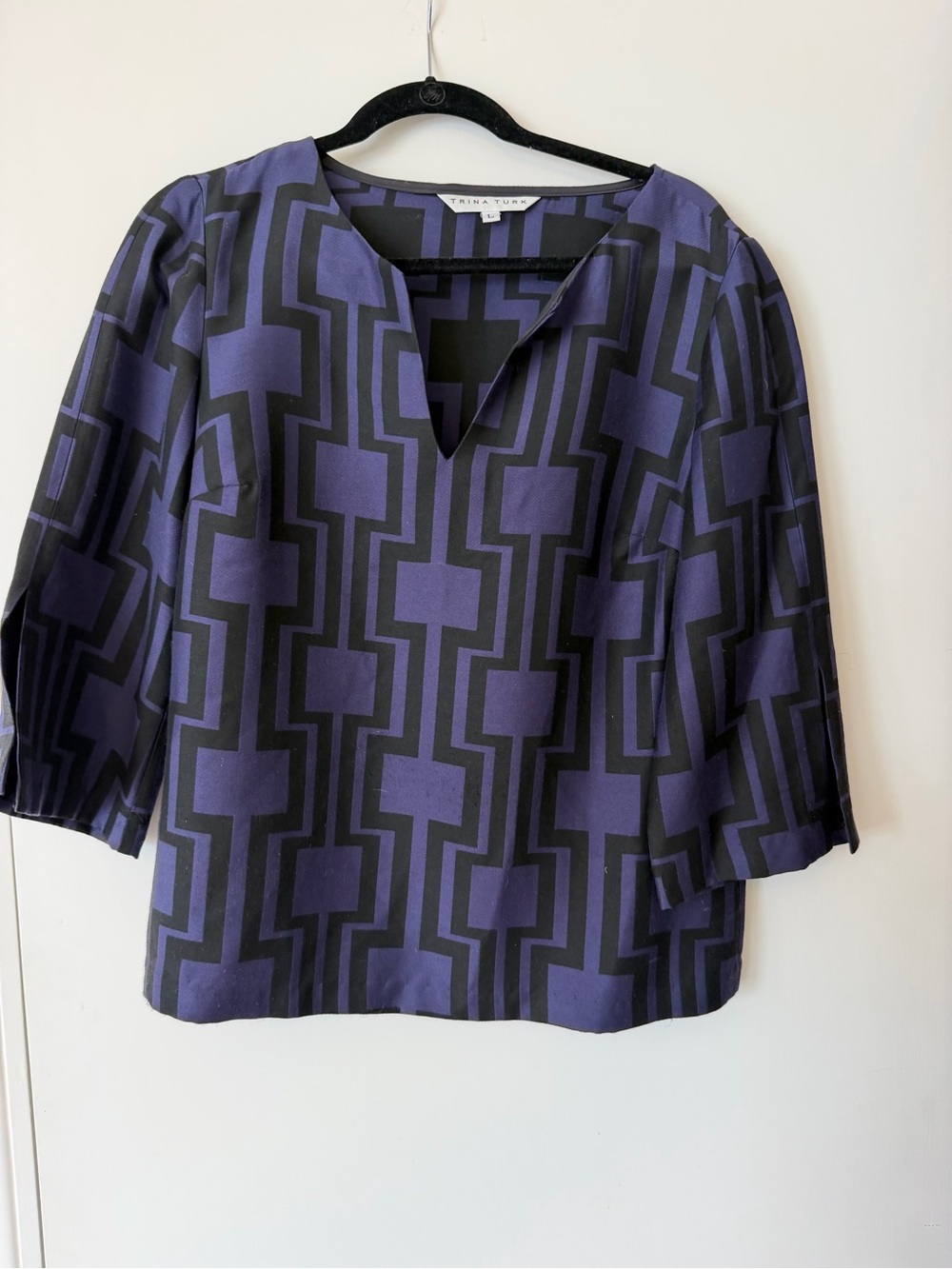 Trina Turk Black and Purple Geometric Notch-Neck Blouse